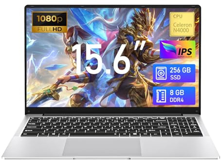 15,6 Pouces jeu Ordinateur Portable 8Go RAM 256Go SSD N4000 PC Portable Joueurs Netbook Écran Full HD 1920 x 1080 Win 11 Laptop Wi-Fi5 BT Mini HDMI Ouverture 180 Degrés pour Étudiants Et Entreprises