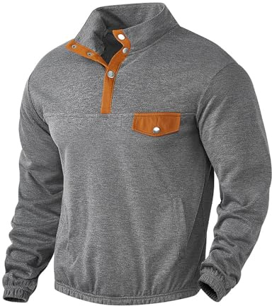 PRIVIMIX Sweatshirt för män med knappslå ståkrage tröja långärmad pikétröja, sweatshirt utan huva M-3XL, GRÅ, XL