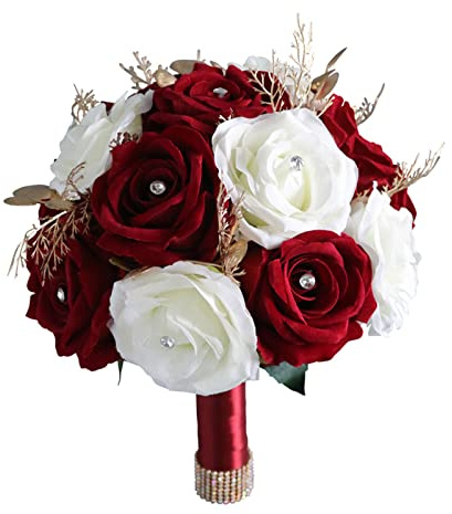Hattba Bouquet di fiori artificiali bianchi e rosso vino rosa puntelli bouquet di fiori per matrimonio