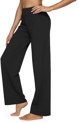 JiaYouLC Womens Wide Leg Yoga Pants High Waisted Elasticated Casual Work Trousers (UK, Alpha, S, Regular, Regular, Black)