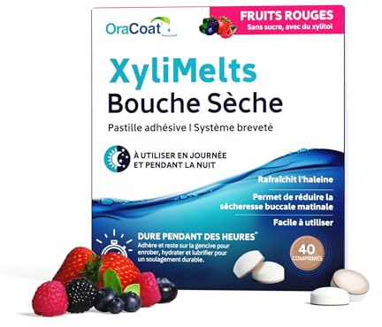 Xylimelts : Torkar 40 självhäftande tabletter med röda frukter | Lindrar torrhet i munnen dag och natt | Upp till 8 timmar | Sockerfri, Xylitol | diskret och naturlig | kliniskt testad