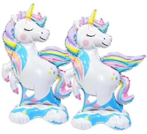 2 Stück Stehend Einhorn Luftballons Kindergeburtstag Dekoration Folienballons Aufblasbares Einhorn mit Regenbogen Flügeln, Wolken Basis & Sternen Einhorn Ballons für Kindergeburtstag, Party, Fest