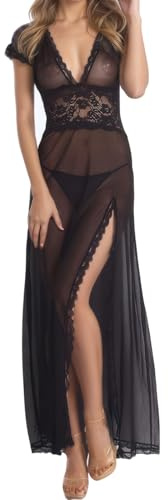 ZWCHGJ Mesh Klänning Långa genomskinliga Maxiklänningar Skira underkläder Sida Slit Club Bodycon Djup V-ringad Nattlinne Sovkläder för Festival Beach Cover Party Balklänningar