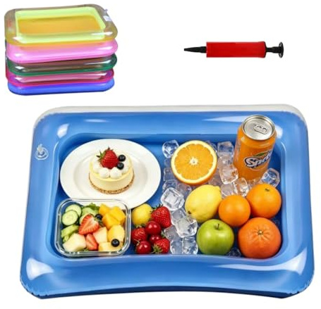 5 Pcs Inflatable Floating Pool Bar Tray with Air Pump, Floating Drink Cup Holder for Swimming Pool, Hot Tub, Bathtub, Beach, Floating Food Server Tray for Pool Party, Summer Water Fun Supplies