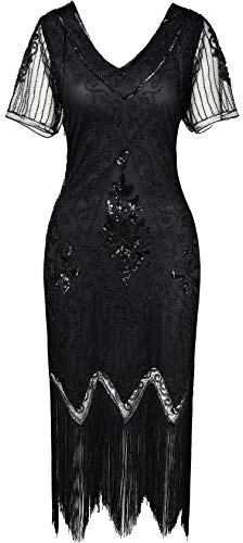 BABEYOND Damen 1920s Art-Deco Flapper Kleid mit V-Ausschnitt und Knie-Länge in Schwarz für Frauen, Vintage-Enthusiasten und Partygänger