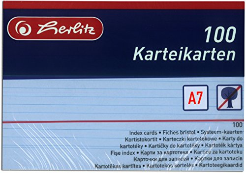 Herlitz 1150507 Karteikarten, A5, Weiß, Blau, A7 / 200 Karten, 100 Stück