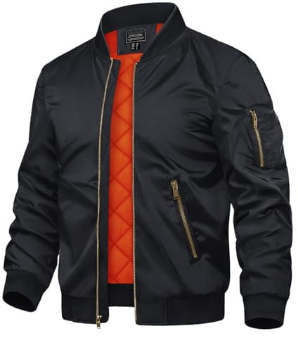 TACVASEN Black Bomber Jacket Men Zip Up Winter Windbreaker Lightweight Softshell Coats Outwear Black, M