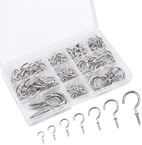 120 Pezzi Ganci Avvitabili, Gancio a Vite, Multi-formato Ganci a Soffitto in Metallo Nichelato, Gancio Occhiello con Gancio a Parete per Appendere Tazze, 7 Misure (Argento)