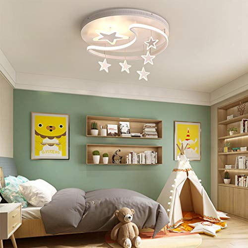 LED Deckenleuchte Kinderzimmer Dimmbar Mit Fernbedienung Nette Sterne Und Mond Deckenlampe Mädchen Junge Schlafzimmer Runden Acryl Deckenlicht Für Kindergarten Romantisch Pendelleuchte,Weiß,42cm