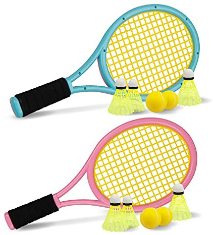 Crefotu Kid Racchetta da Tennis con Borsa,Racchetta di Plastica Include 4 Palline in Schiuma,6 Volani Badminton per Bambini (Oltre 3 Anni),Gioco Sportivo per Bambini All'aperto/Al Coperto