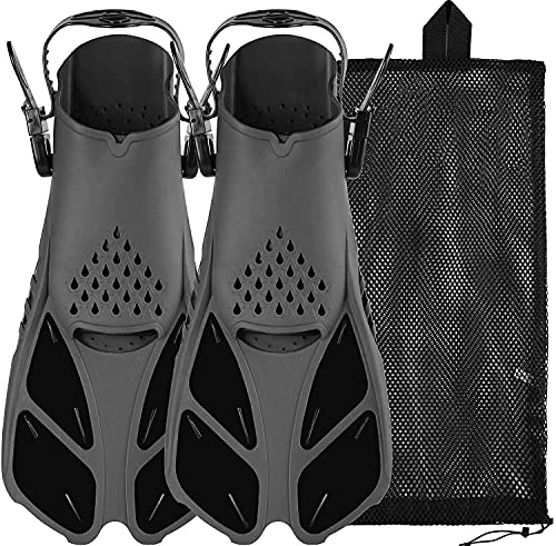 Snorkel Fins, Swim Fins with Adjustable Buckles, Open Heel, Travel Size Short Flippers for Snorkeling, Swimming and Scuba Diving, Diving Fins with Mesh Bag for Adult Men Women Kids