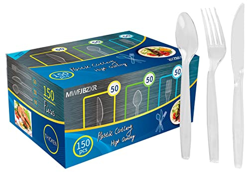 150 Couvert Plastique Reutilisable,BPA-Freie,Passé le Test de Sécurité Alimentaire LFGB,50 Fourchettes,Couteaux,Cuillères,Ldéal Pour les Vacances,Réunion de Famille,Camping Sauvage