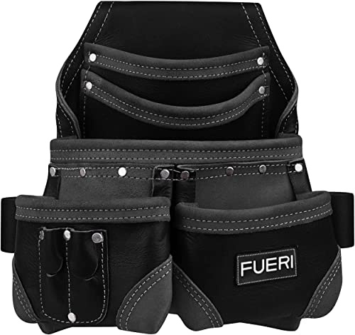 FUERI Werkzeugtasche aus Leder für Tischler, 5 Taschenrahmen, Gürtel, robuster Werkzeughalter mit 2 Fronttaschen für Stifte, genieteter Werkzeug-Organizer – verstärkte Nähte (schwarz)