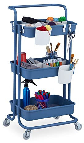 Relaxdays Rollwagen, 3 Etagen, Allzweckwagen, Hobby, Büro, Bad, Küchenwagen HBT 86x43x42 cm, Metall & Kunststoff, blau