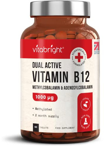 Vitamin B12 Tablets | High Strength 1000mcg Methylcobalamin and Adenosylcobalamin | Methylated Vitamin B 12 Complex | Vegan Tablets (Not Liquid, Not Spray) | VitaBright