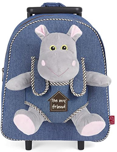 PERLETTI Plüschtier Kindergepäck Rucksack für Kinder - Kinderrucksack mit Abnehmbaren Rädern und Kuscheltier Spielzeug - Kindergarten Rollrucksack Kleinkinder 3 4 5 Jahren - 28x32x11 cm (Nilpferd)