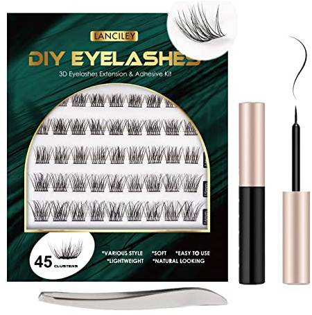 Lanciley Individual Lashes 45 Clusters Lashes DIY Eyelash Extension Kit at Home for Make-up Beginner False Eyelashes with Eyelash Glue Tweezers 10/12/14/15/16mm Easy to Use - 45 pcs clusters-lan04