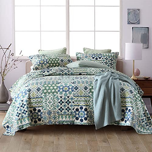 VISIMISI Baumwoll-Tagesdecke, Bettwäsche-Set, wendbare Bettbezug-Sets, Bettdecken, Vintage-Stil, Bohemian-Patchwork-Tagesdecke (grün, Queen-Size)