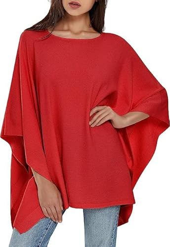PULI Pullover Poncho da donna elegante in viscosa a maglia vestibilità ampia Poncho Sciarpa, Colore: rosso, Taglia unica