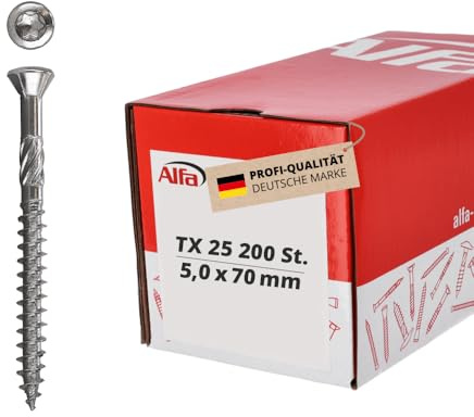 200x Alfa Fassadenschraube 5,0 mm x 70 mm – Aus Edelstahl mit Linsenkopf | Profi-Qualität - Für Terrassen und Fassaden - Spanfreies versenken dank Zierkopf - Erhöhtes Bruchdrehmoment