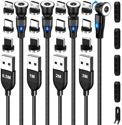 AXFEE Magnetic Charging Cable, 4Pack (1.6ft/3.3ft/6.6ft/9.8ft) 12W USB 540° Magnetic Charger Cable with 4 Organizers 1 Seesaw, 3-in-1 1Pin Magnetic Charger Cable for Type C/Micro USB/i-Products