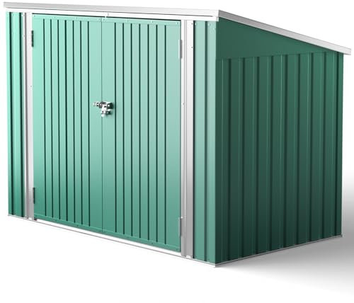 XEMQENER Garden Storage Shed, Lockable Outdoor Bike Storage with Door and Sloping Roof, Metal Galvanized Steel Shed for Garbage Bins, Garden Tools, Bike, Green,(L176x W105x H130 cm)