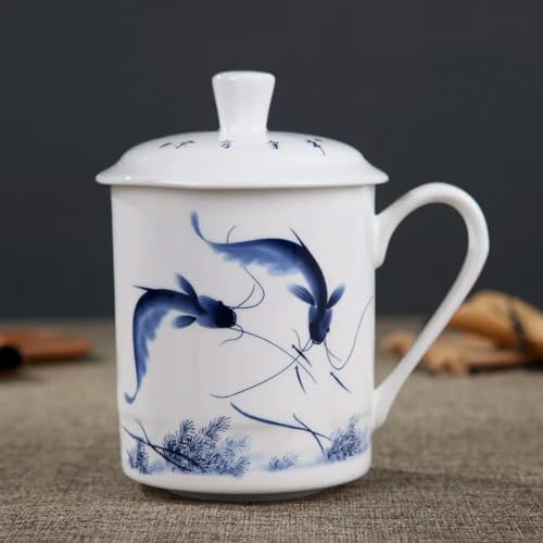 QQLADY Taza de té de Porcelana Azul y Blanca con Tapa, Taza de Porcelana de Hueso para el hogar, Taza Personal de Oficina