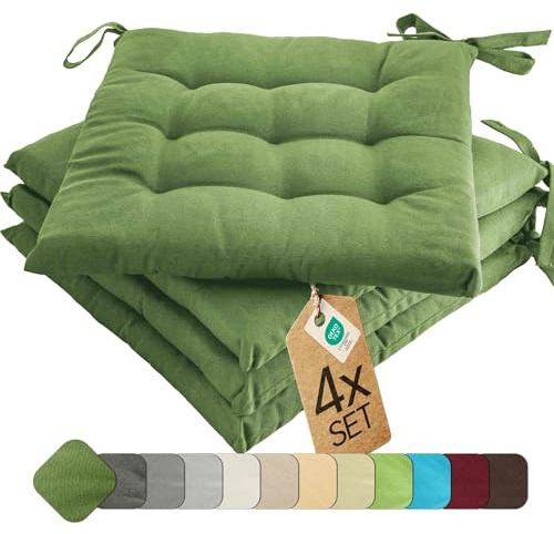 etérea Coussin de Chaise 40x40 cm Vert Cactus – Galette avec Liens, Mousse Indéformable, Intérieur & Extérieur, Lot de 4 pour Chaise de Jardin, Salle à Manger & Banc