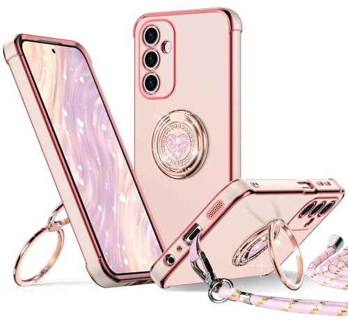 XYZ för Samsung Galaxy A25 5G, fodral med band, hjärta, dubbelring, stativ, mobilskal, mobiltelefonkedja, kvinnor, flickor, tunt, stöttåligt, anti-repor, skyddsfodral för Samsung A25 5G-fodral, rosa