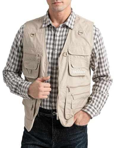 Vanchenl Veste Utilitaire pour Homme Safari Voyage Cargo Outdoor Travail Légère Veste pour la Photographie et la Chasse avec Poches, beige, S