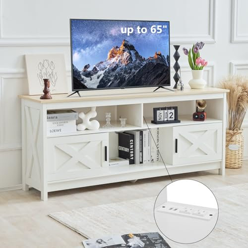 Fernsehkommode, TV Schrank für Fernseher bis zu 65 Zoll, TV Sideboard mit Steckdosen, TV Board mit Ablageschränken & offenem Regal, Landhausstil Fernseher Tisch Modern für Wohnzimmer (Natürlich)