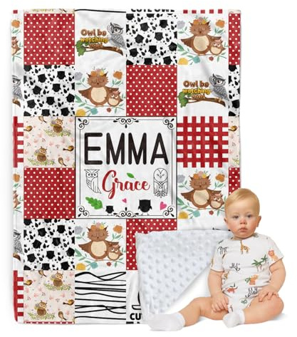 ZOTIMEF Personalisierte Babydecke - Individueller Name mit Tiermotiven Karo-Design - Patchwork Weiche Kuscheldecke mit Doppellagiger Gepunkteter Rückseite für Jungen Mädchen Geschenke Farbe16-Eule