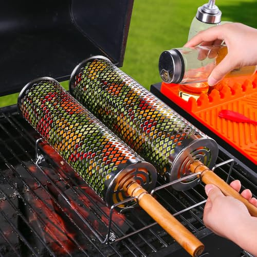 Upgraded Rolling Grill Basket - Heavy-Duty Stainless Steel Cylinder Design with Perforated Plate (Not Mesh) - 360° Rotating BBQ Grill Tube for Even Cooking - Perfect for Fish, Vegetables, Meat - Outdoor Camping & Grilling Accessories