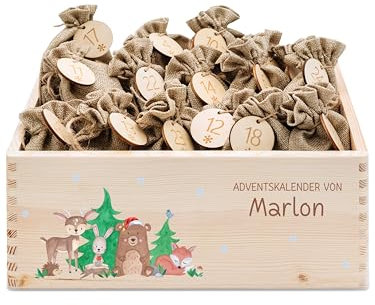 wunderwunsch® - Personalisierter Adventskalender zum selber befüllen - Adventskiste Holz mit kinderfreundlichem Druck - mit Juteschnur Jutesäckchen und Holzzahlen (groß | 39x29x13cm)