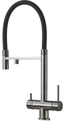 JQQJZLC Robinet de Cuisine à Eau filtrée Noir, pulvérisateur Flexible extractible, Montage sur comptoir, mélangeur Chaud et Froid, Robinet de Grue, Rotation à 360 degrés (Noir Mat)
