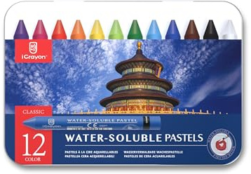 iCrayon Water-Soluble Pastels, Watercolor Pastels Artist Set with Sharpener, Palette & Brush for Vibrant Art Creations 12 Colors