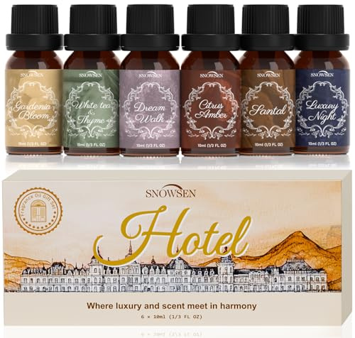 SNOWSEN Hotel Ätherische Öle Set, 6 x 10 ml Ätherische Öle für Diffusor, Duftöl-Geschenkset, Seifen-Duftöl – Santal, Luxusnacht, Weißer Tee & Thymian, Gardenienblüte, Traumspaziergang, Zitrus-Amber