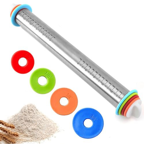 Mattarello in Acciaio Inox, Rullo di Cottura Regolabile con 4 misure di Anello in Silicone Rimovibile, Mattarelli Antiaderenti, Accessori da Forno, per Pizza,Pasta,Pasticceria(43,5 x 6,5 cm)