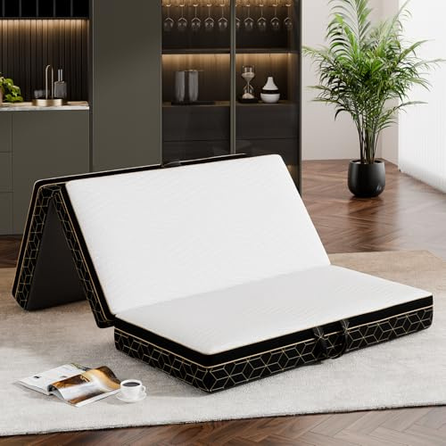 GEMBED Tri-Fold Memory Foam Mattress Queen - 6 Inch Portable Folding Mattress with Handle & Washable Cover, Floor Bed with Non-Slip Base, Space-Saving for Room, Travel, Guest Bed, RV, 78x58x6