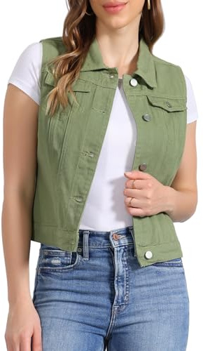 Allegra K St Patrick's Day Knäppt Tvättad Denim Väst För Kvinnor Med Bröstfickor, Gröna bönor, L