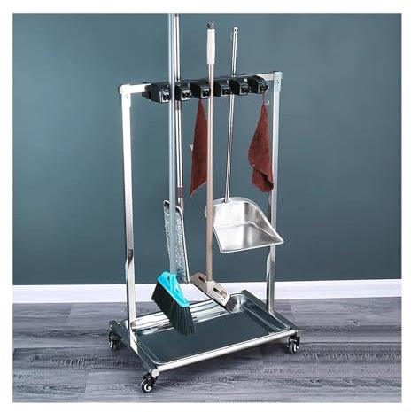 Soporte para Fregonas Estante for trapeador de escoba Estante de almacenamiento de herramientas extraíble de pie Estante for trapeador de acero inoxidable Adecuado for garajes, hoteles, escuelas, rest