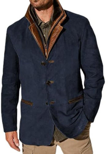 Chaquetas vintage de ante para hombre, blazer de doble capa con solapa de piel, cuello de cuero, longitud media, blazer de exterior para otoño e invierno, azul, XXXXL
