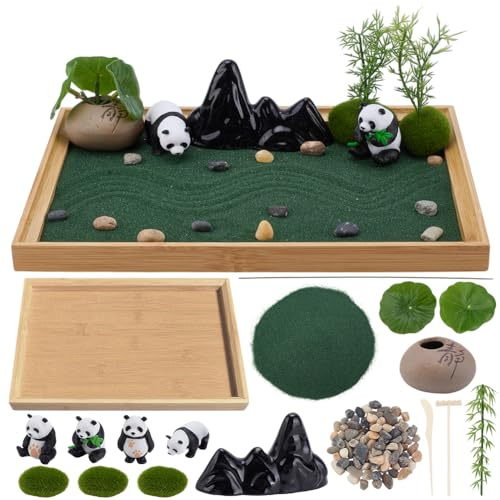 WEBEEDY Panda Mini Zen Garden for Desk, Japanese Desk Zen Garden Decor for Home & Office, Gift for Women Man Birthday Panda Decoration,28x19cm