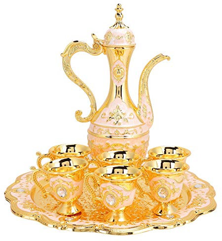 Vintage Turkish Coffee Pot Set with 6 Coffee Cups and Golden Wine Decanter Perfect for Home Tea Party Handcrafted Turkish Copper Tea Set