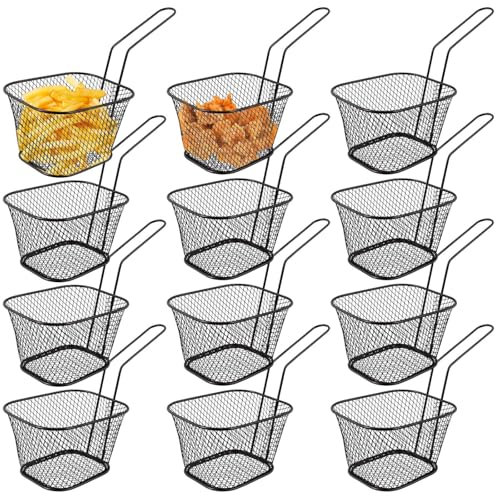 12 cestini per patatine fritte, piccoli cestini in acciaio inox con manico, per friggere, per servire, per patatine, gamberetti, anelli di cipolla