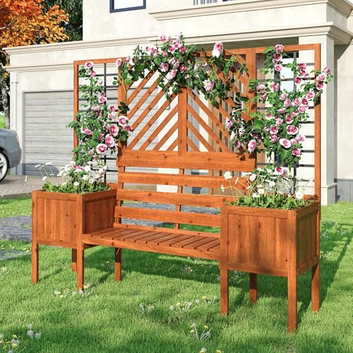 Gegtuon Blumenkasten Pflanzkasten mit Rankgitter und Sitz per Garten Balkon, Pflanzkübel aus Holz mit Spalier per Terrasse, Pflanzgefäß Hochbeet Outdoor als Sichtschutz per Hof, 170x145x42 cm, Braun