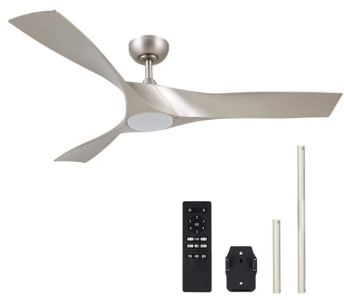 VONLUCE Ventilador de Techo con Luz y Mando a Distancia, 132 cm, 3 Aspas, Motor DC Reversible Silencioso de 6 Velocidades, Ventilador de Techo para Salón, Estudio, Patio, Níquel