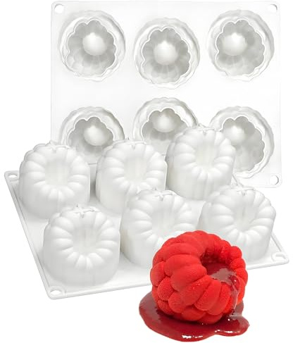 6-Cavity Raspberry Silicone Molds for Mousse Cake, Large Fluted Design, White