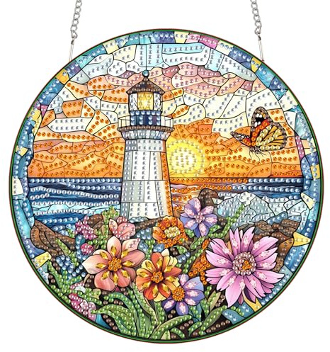 Bimkole Diamond Painting Hängsmycke Fyr, Hängande Diamantkonst Diamantmålningsset Blommor, 5D Diamantmålning Fönsterhängare För Hem, Trädgård, Dörr Och Utomhusområde 20x20 Cm