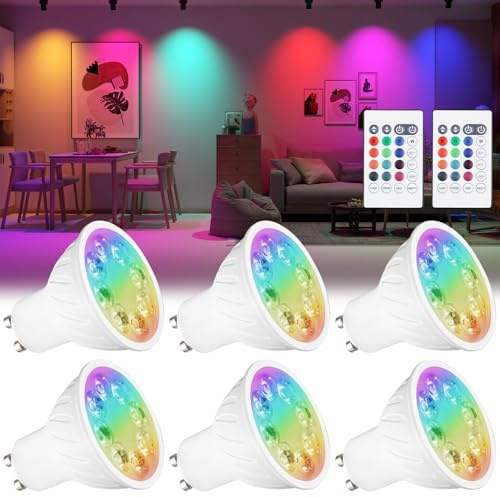 Noobibaba GU10 RGB LED Lampe 5W Farbwechsel 6er-Pack | 12 Farben, RGB Plus CCT, Fernbedienung, 35W Ersatz, 100-240V, Nicht Dimmbar